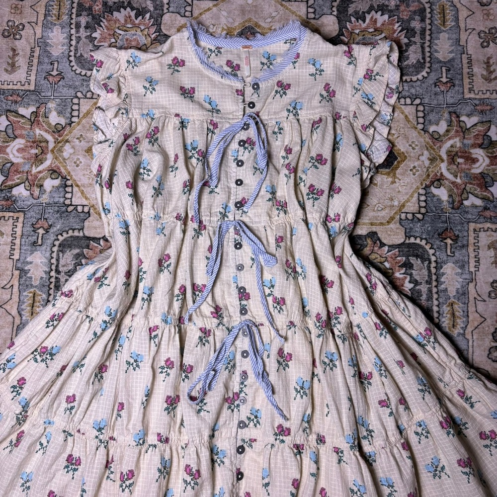 Free People Floral Cross Stitch Tiered Mini Dress Cream Boho Medium Cottage Core - Picture 2 of 16